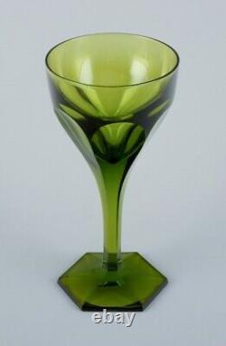 Val St. Lambert, Belgium. Three green Legagneux white wine crystal glasses