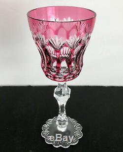 Val St Lambert Cranberry Pink Cased Cut To Clear Crystal Wine Goblet Lace Foot