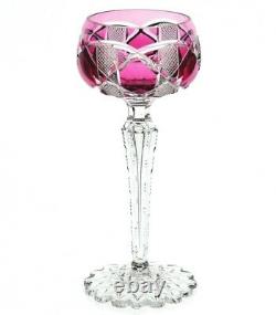 Val St Lambert Cranberry Pink Cut to Clear Crystal Wine Goblet Scalloped Base