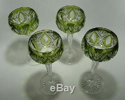 Val St Lambert Green Glass Crystal Wine Cut to Clear Set of 4