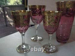 Vase + Wine & Water Glasses- Crystal Italy 24kt GOLD Interglass Arte Italica red