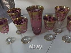 Vase + Wine & Water Glasses- Crystal Italy 24kt GOLD Interglass Arte Italica red