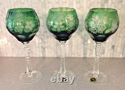 Vintage 3 Srpska Fabrika Stakla Paracin Forest Green Cut Glass Goblets Unused