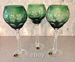 Vintage 3 Srpska Fabrika Stakla Paracin Forest Green Cut Glass Goblets Unused