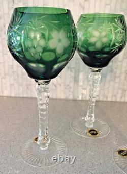 Vintage 3 Srpska Fabrika Stakla Paracin Forest Green Cut Glass Goblets Unused