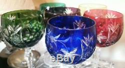 Vintage 6 Bohemian Czech Crystal Cut to Clear Color Wine Goblet Stemglass 7-3/4