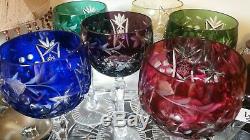 Vintage 6 Bohemian Czech Crystal Cut to Clear Color Wine Goblet Stemglass 7-3/4