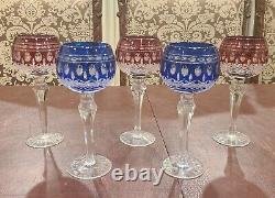 Vintage AJKA CRYSTAL WINE GLASSES COLOR CUT TO ClEAR Set Of 5 (2 Cobalt 3 Red)
