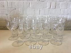 Vintage Antique Set of 14 Crystal Wine Glasses / Goblets with Floral Decoration