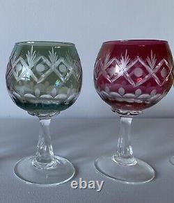 Vintage BOHEMIAN Multi Coloured Cut To Clear CRYSTAL WINE GLASSES Set Of 6