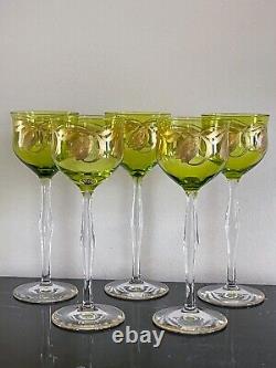 Vintage Bohemian Crystal Green Art Nouveau Glass Wine Goblets Glasses Set of 5