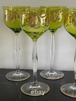 Vintage Bohemian Crystal Green Art Nouveau Glass Wine Goblets Glasses Set of 5