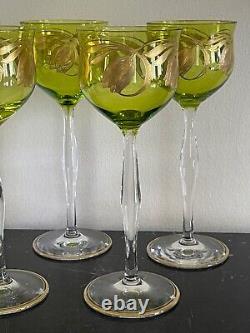 Vintage Bohemian Crystal Green Art Nouveau Glass Wine Goblets Glasses Set of 5