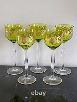 Vintage Bohemian Crystal Green Art Nouveau Glass Wine Goblets Glasses Set of 5