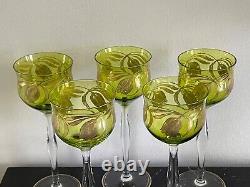 Vintage Bohemian Crystal Green Art Nouveau Glass Wine Goblets Glasses Set of 5