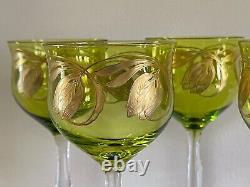 Vintage Bohemian Crystal Green Art Nouveau Glass Wine Goblets Glasses Set of 5