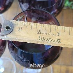 Vintage Bohemian Czech Amethyst Purple Cut To Clear Wine Stem Glass Set 4
