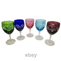 Vintage Bohemian Czech Wine Glasses Multi Color Cut to Clear Crystal Stemware
