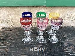Vintage Bohemian Multi Colored Cut To Clear Crystal Wine Glass Stems Set (6)