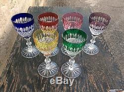 Vintage Bohemian Multi Colored Cut To Clear Crystal Wine Glass Stems Set (6)