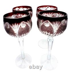 Vintage Bohemian Ruby Red Cut to Clear Crystal Wine Glasses 4pc Set