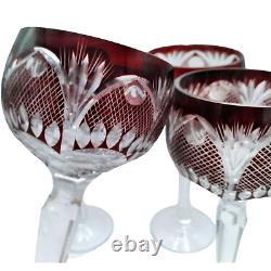 Vintage Bohemian Ruby Red Cut to Clear Crystal Wine Glasses 4pc Set