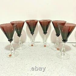 Vintage Crystal Wine Glasses Set 0f 6 Clear & Purple Hand Blown Made in Italy