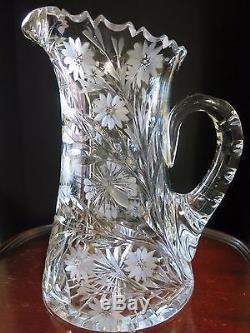 Vintage Cut Glass Crystal Water/wine Pitcher, Etched Floral Design