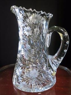 Vintage Cut Glass Crystal Water/wine Pitcher, Etched Floral Design