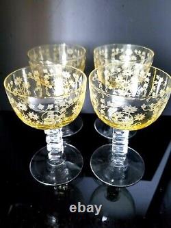 Vintage Fostoria Manor Crystal Coctail Cordial Wine Glasses Topaz Yellow 4pc New