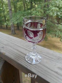 Vintage Lead Crystal Hofbauer Red Bird Glass Set of 6 Wine Goblets /Glasses