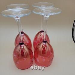 Vintage Made in France Cut to Clear Floral Cranberry Wine/Water Stemmed Goblets