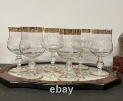 Vintage Murano Medici Engraved Crystal Wine Glasses with Gold Rim Set of 6