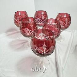 Vintage SET 6 BOHEMIAN CZECH CUT TO CLEAR CRYSTAL Wine GLASSES Goblets Ruby RED