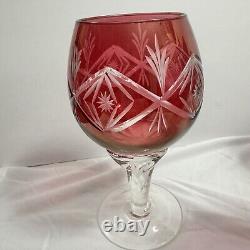 Vintage SET 6 BOHEMIAN CZECH CUT TO CLEAR CRYSTAL Wine GLASSES Goblets Ruby RED