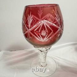 Vintage SET 6 BOHEMIAN CZECH CUT TO CLEAR CRYSTAL Wine GLASSES Goblets Ruby RED