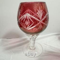 Vintage SET 6 BOHEMIAN CZECH CUT TO CLEAR CRYSTAL Wine GLASSES Goblets Ruby RED