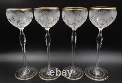 Vintage Set Of 4 Etched Floral Pattern Long Stem Gold Trim Hock Wine Goblets