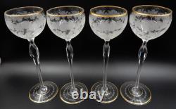 Vintage Set Of 4 Etched Floral Pattern Long Stem Gold Trim Hock Wine Goblets