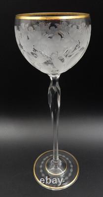 Vintage Set Of 4 Etched Floral Pattern Long Stem Gold Trim Hock Wine Goblets