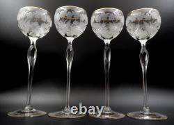 Vintage Set Of 4 Etched Floral Pattern Long Stem Gold Trim Hock Wine Goblets