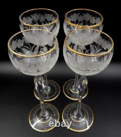 Vintage Set Of 4 Etched Floral Pattern Long Stem Gold Trim Hock Wine Goblets