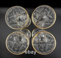 Vintage Set Of 4 Etched Floral Pattern Long Stem Gold Trim Hock Wine Goblets