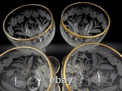 Vintage Set Of 4 Etched Floral Pattern Long Stem Gold Trim Hock Wine Goblets