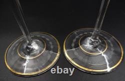 Vintage Set Of 4 Etched Floral Pattern Long Stem Gold Trim Hock Wine Goblets