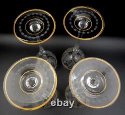 Vintage Set Of 4 Etched Floral Pattern Long Stem Gold Trim Hock Wine Goblets
