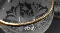 Vintage Set Of 4 Etched Floral Pattern Long Stem Gold Trim Hock Wine Goblets