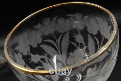 Vintage Set Of 4 Etched Floral Pattern Long Stem Gold Trim Hock Wine Goblets