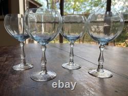 Vintage Set Of 4 Fostoria Wilma Blue Clear Crystal Magnum Balloon Wine Glasses