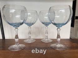 Vintage Set Of 4 Fostoria Wilma Blue Clear Crystal Magnum Balloon Wine Glasses
